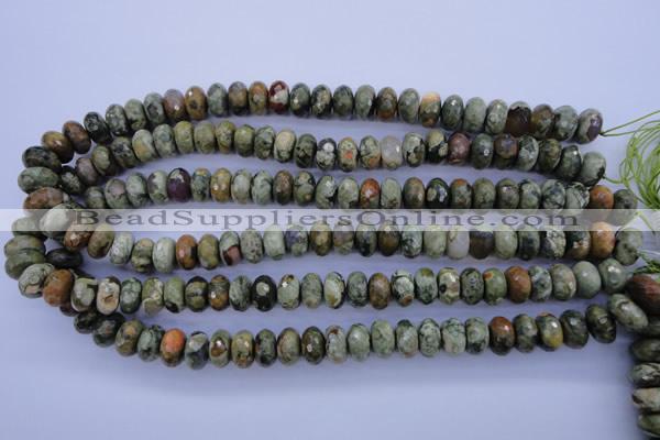 CPS118 15.5 inches 6*12mm faceted rondelle green peacock stone beads