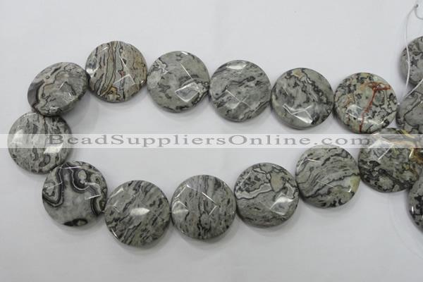 CPT127 15.5 inches 30mm faceted coin grey picture jasper beads