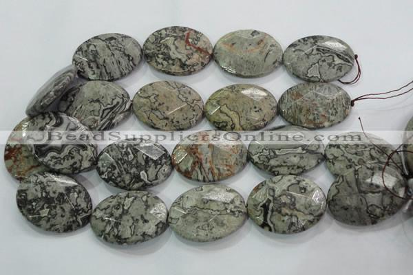 CPT130 15.5 inches 30*40mm faceted oval grey picture jasper beads