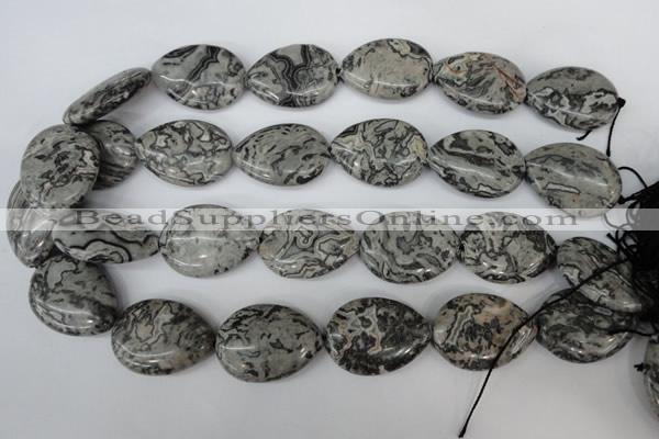 CPT358 15.5 inches 22*30mm flat teardrop grey picture jasper beads