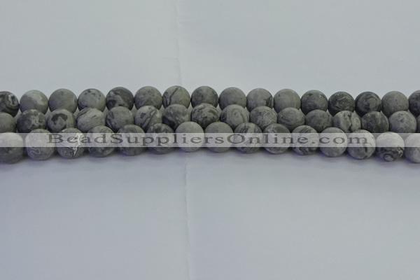 CPT573 15.5 inches 10mm round matte grey picture jasper beads