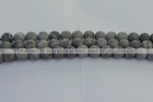 CPT574 15.5 inches 12mm round matte grey picture jasper beads