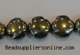 CPY163 15.5 inches 15mm carved flower pyrite gemstone beads wholesale