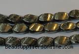 CPY345 15.5 inches 6*10mm twisted rice pyrite gemstone beads wholesale