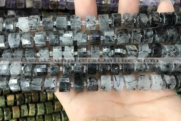 CRB2191 15.5 inches 9mm - 10mm faceted tyre black rutilated quartz beads