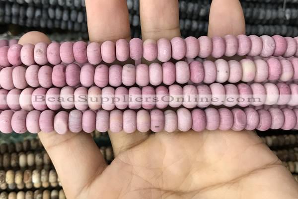 CRB5013 15.5 inches 4*6mm rondelle matte pink wooden fossil jasper beads