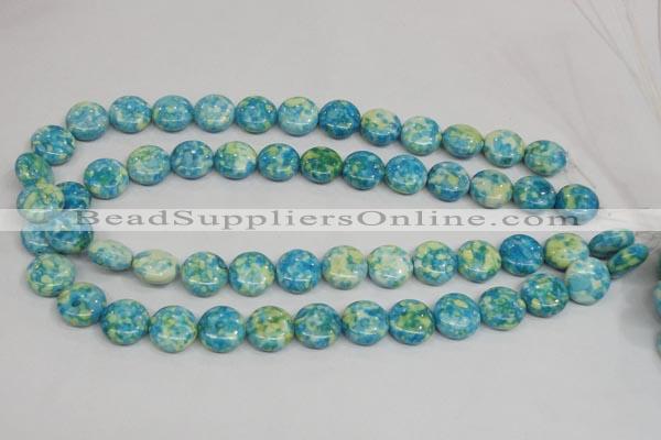 CRF118 15.5 inches 14mm flat round dyed rain flower stone beads