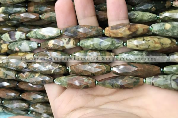 CRI115 15.5 inches 10*30mm faceted rice rhyolite gemstone beads