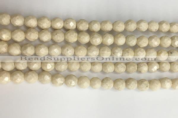 CRJ627 15.5 inches 6mm faceted round white fossil jasper beads