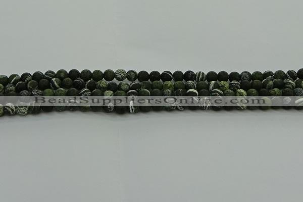 CRO1120 15.5 inches 4mm round matte green silver line jasper beads