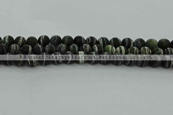 CRO1124 15.5 inches 12mm round matte green silver line jasper beads