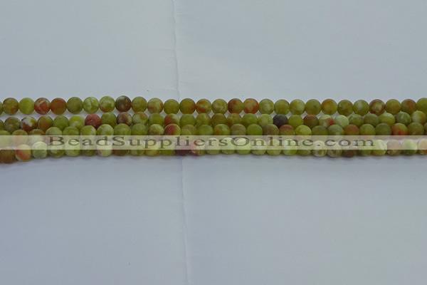 CRO1150 15.5 inches 4mm round matte green dragon serpentine jasper beads