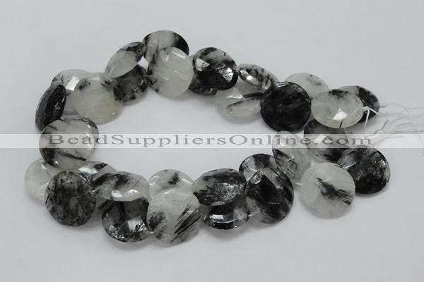 CRU05 15.5 inches 25mm faceted flat round black rutilated quartz beads