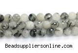 CRU1095 15.5 inches 14mm faceted round black rutilated quartz gemstone beads