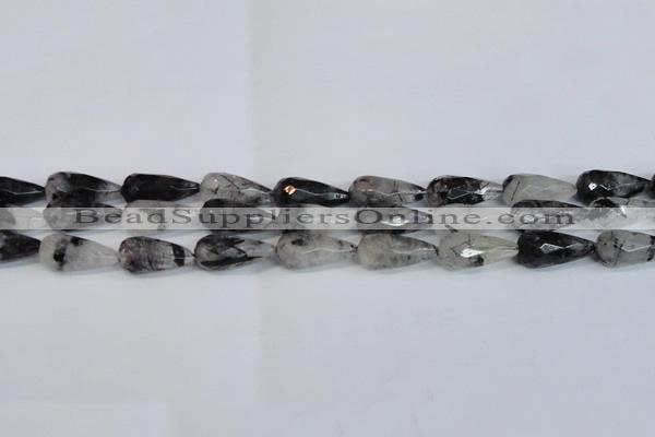 CRU350 15.5 inches 12*25mm faceted teardrop black rutilated quartz beads