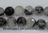 CRU60 15.5 inches 12mm faceted round black rutilated quartz beads