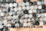 CRU967 15.5 inches 8mm faceted round black rutilated quartz beads