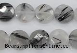 CRU97 15.5 inches 16mm faceted coin black rutilated quartz beads