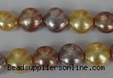 CSB186 15.5 inches 12mm flat round mixed color shell pearl beads