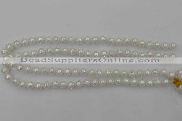 CSB428 15.5 inches 14mm round shell pearl with rhinestone beads