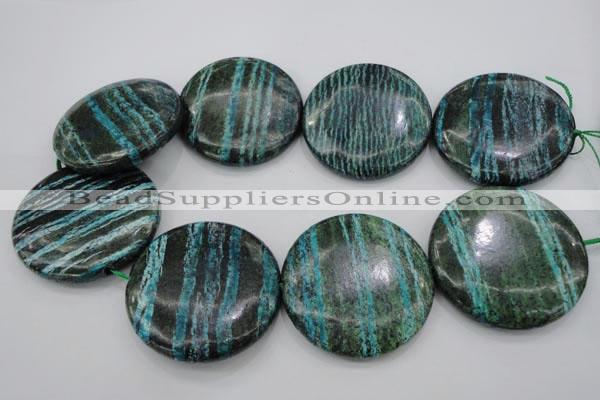 CSJ221 15.5 inches 50mm flat round dyed green silver line jasper beads