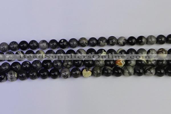 CSL213 15.5 inches 10mm round black silver leaf jasper beads