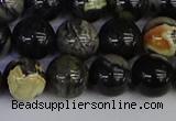 CSL214 15.5 inches 12mm round black silver leaf jasper beads