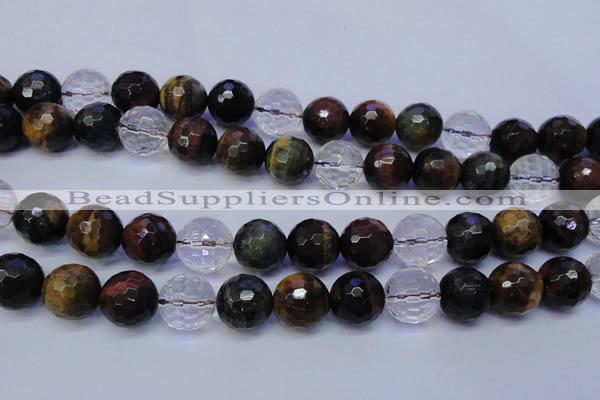 CTE1134 15 inches 12mm faceted round mixed tiger eye & white crystal beads