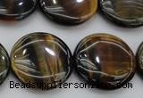 CTE1351 15.5 inches 25mm flat round yellow & blue tiger eye beads