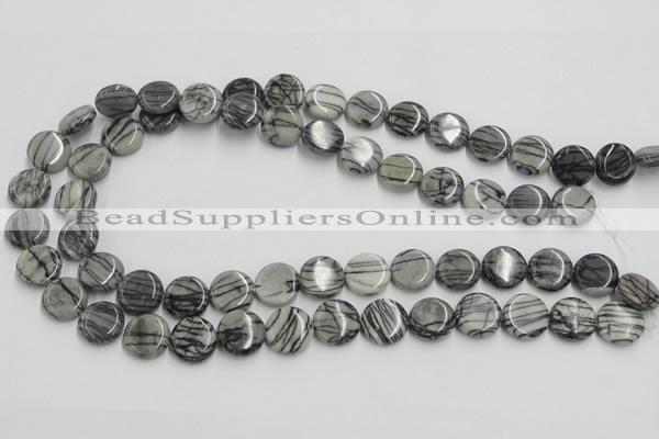 CTJ07 16 inches 14mm flat round black water jasper beads wholesale