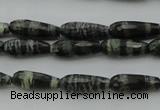 CTR10 15.5 inches 6*16mm faceted teardrop green silver line jasper beads