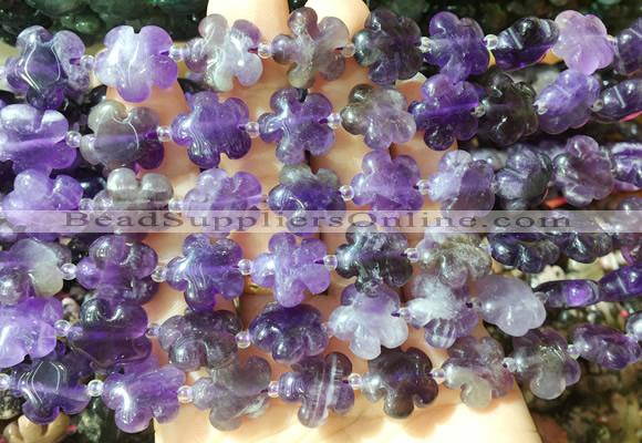 FGBS161 15 inches 15mm carved five petal flower amethyst beads wholesale