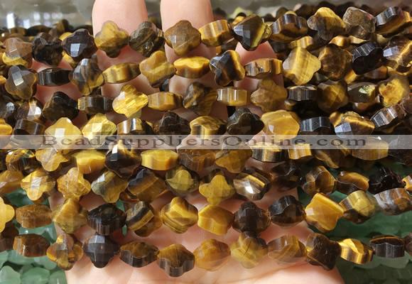 FGBS228 15 inches 10mm faceted four leaf clover yellow tiger eye beads wholesale