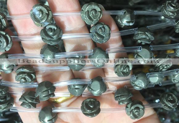 FGBS55 15 inches 10mm carved rose flower pyrite beads wholesale