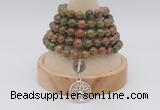 GMN1148 Hand-knotted 8mm, 10mm unakite 108 beads mala necklaces with charm