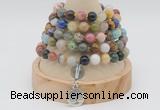 GMN1150 Hand-knotted 8mm, 10mm mixed gemstone 108 beads mala necklaces with charm