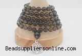 GMN1239 Hand-knotted 8mm, 10mm smoky quartz 108 beads mala necklaces with charm