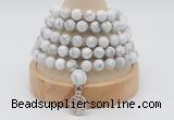 GMN1245 Hand-knotted 8mm, 10mm white howlite 108 beads mala necklaces with charm