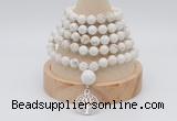 GMN1246 Hand-knotted 8mm, 10mm white howlite 108 beads mala necklaces with charm