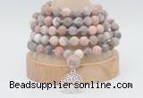 GMN1262 Hand-knotted 8mm, 10mm pink zebra jasper 108 beads mala necklaces with charm