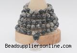 GMN1265 Hand-knotted 8mm, 10mm black water jasper 108 beads mala necklaces with charm