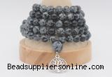 GMN1267 Hand-knotted 8mm, 10mm snowflake obsidian 108 beads mala necklaces with charm