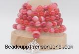 GMN1273 Hand-knotted 8mm, 10mm red banded agate 108 beads mala necklaces with charm