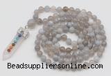 GMN1418 Hand-knotted 8mm, 10mm grey banded agate 108 beads mala necklace with pendant