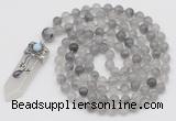 GMN1457 Hand-knotted 8mm, 10mm cloudy quartz 108 beads mala necklace with pendant