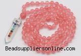 GMN1458 Hand-knotted 8mm, 10mm cherry quartz 108 beads mala necklace with pendant