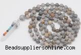 GMN1523 Hand-knotted 8mm, 10mm silver needle agate 108 beads mala necklace with pendant