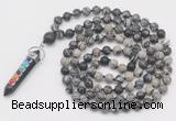 GMN1534 Hand-knotted 8mm, 10mm black water jasper 108 beads mala necklace with pendant