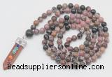 GMN1540 Hand-knotted 8mm, 10mm rhodonite 108 beads mala necklace with pendant