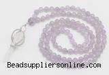 GMN1552 Knotted 8mm, 10mm lavender amethyst 108 beads mala necklace with pendant